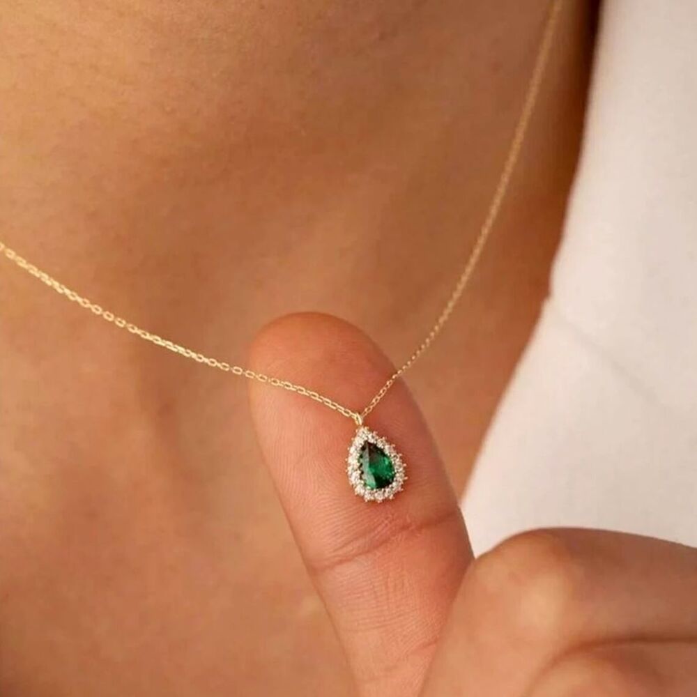 Green Teardrop Zirconia Crystal Pendant Necklace Gold Gemstone Charm Elegant New